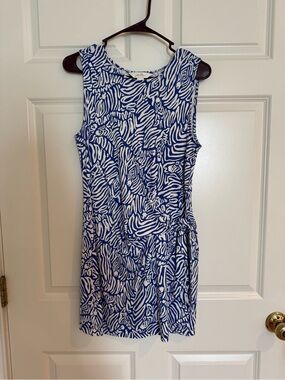 Sleeveless Blue & White Printed Tie-Waist Dress